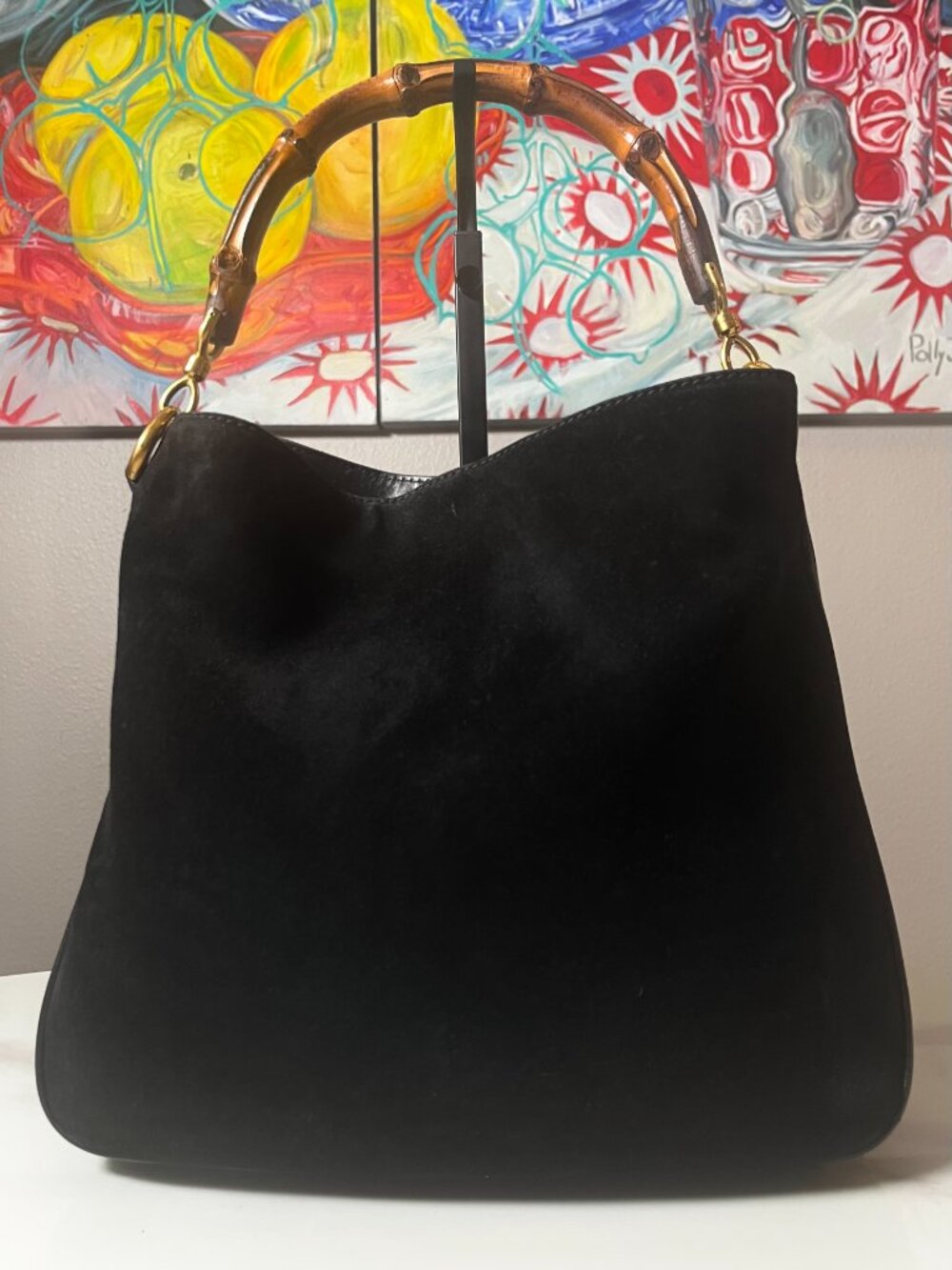 Gucci Tom Ford Vintage Bamboo Handle Black Suede Hobo Bag Leather Trim